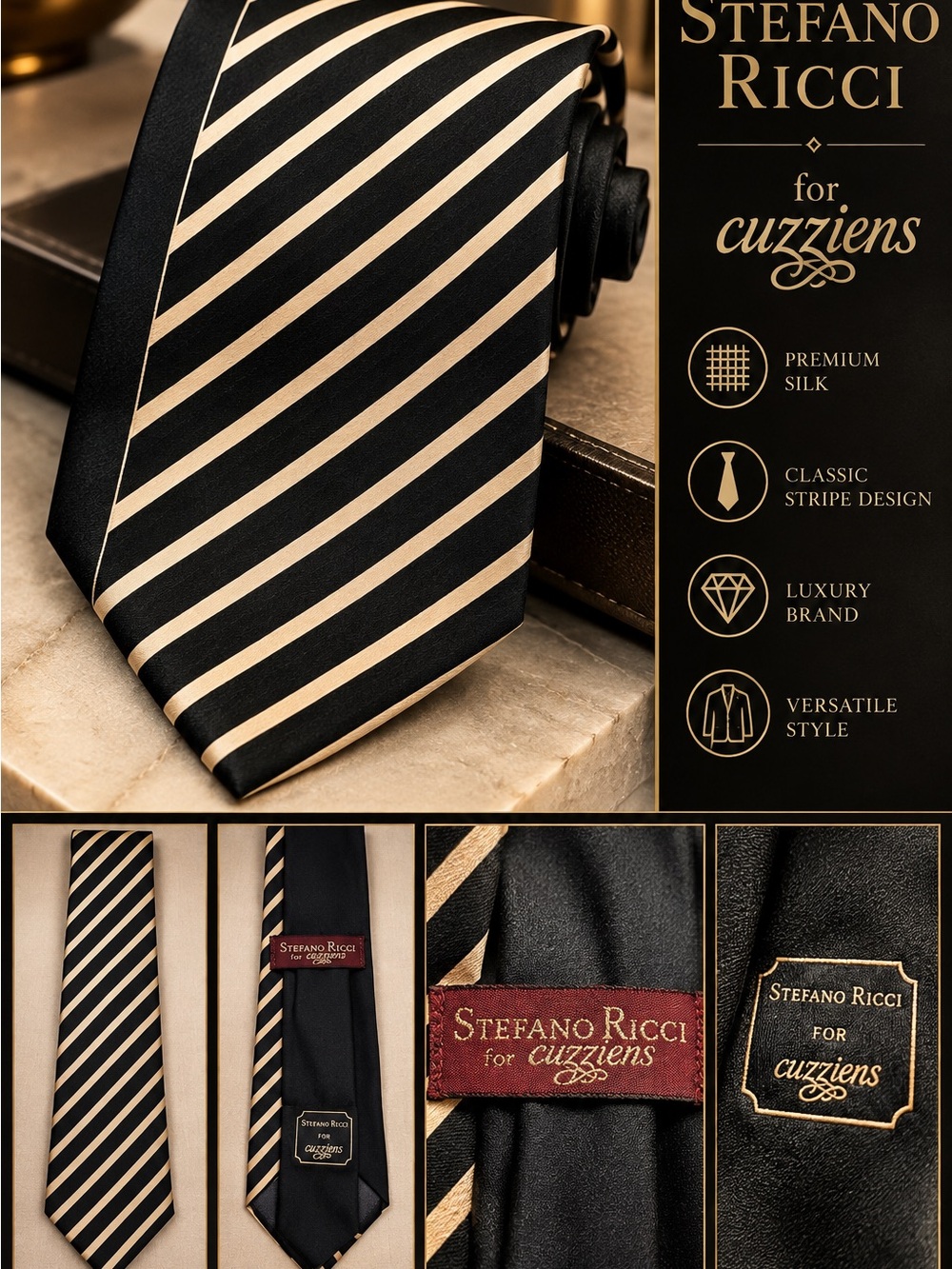Stefano Ricci for Cuzzens Black & Gold Striped Silk Pointed 3 1/8” Designer Tie